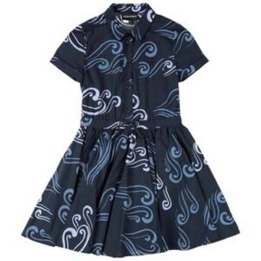 NWT Emporio Armani Navy White Swirl Kids Dress Button Down Size 6 Small Cotton